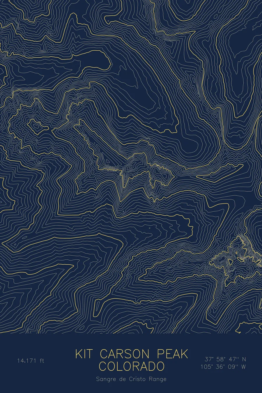 Pen-plotted topographic map of Kit Carson Peak, Colorado in gold ink on navy paper