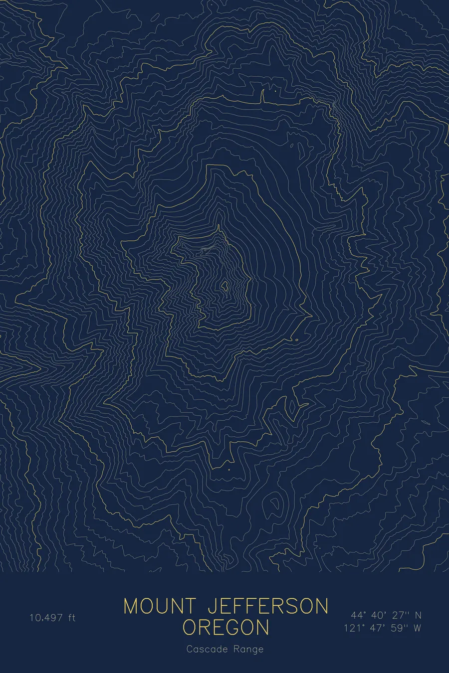 Pen-plotted topographic map of Mount Jefferson, Oregon in gold ink on navy paper
