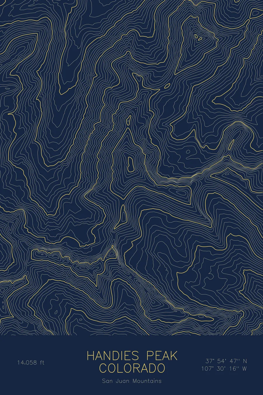 Pen-plotted topographic map of Handies Peak, Colorado in gold ink on navy paper
