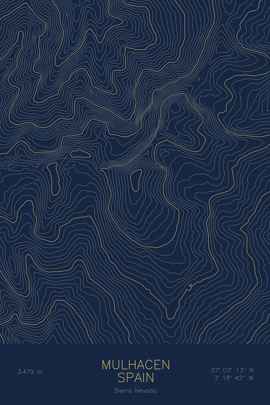 Pen-plotted topographic map of Mulhacen, Spain in gold ink on navy paper