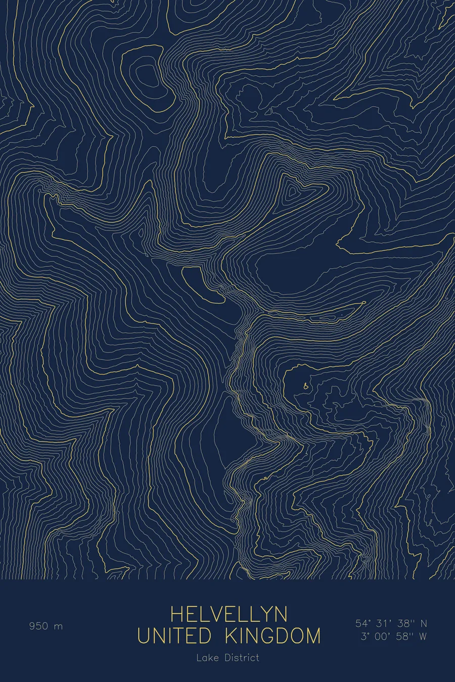 Pen-plotted topographic map of Helvellyn, United Kingdom in gold ink on navy paper