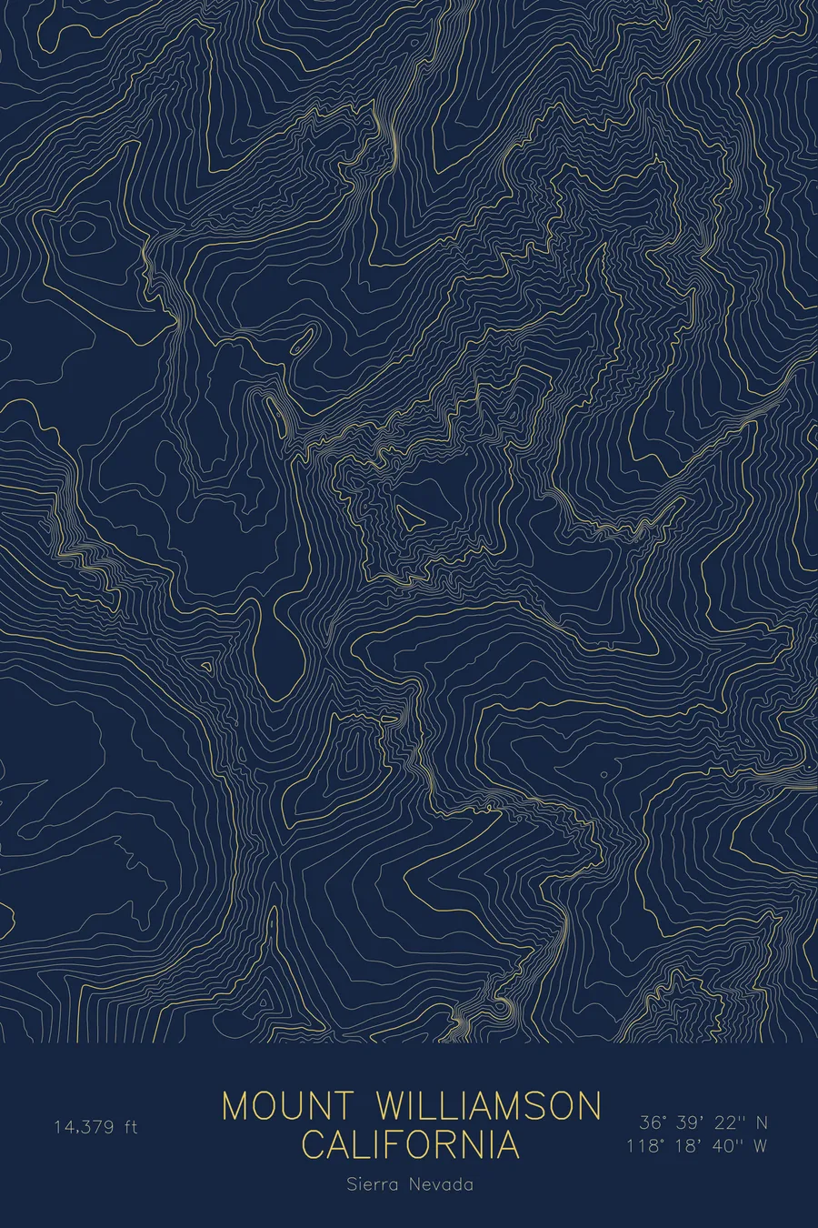 Pen-plotted topographic map of Mount Williamson, California in gold ink on navy paper