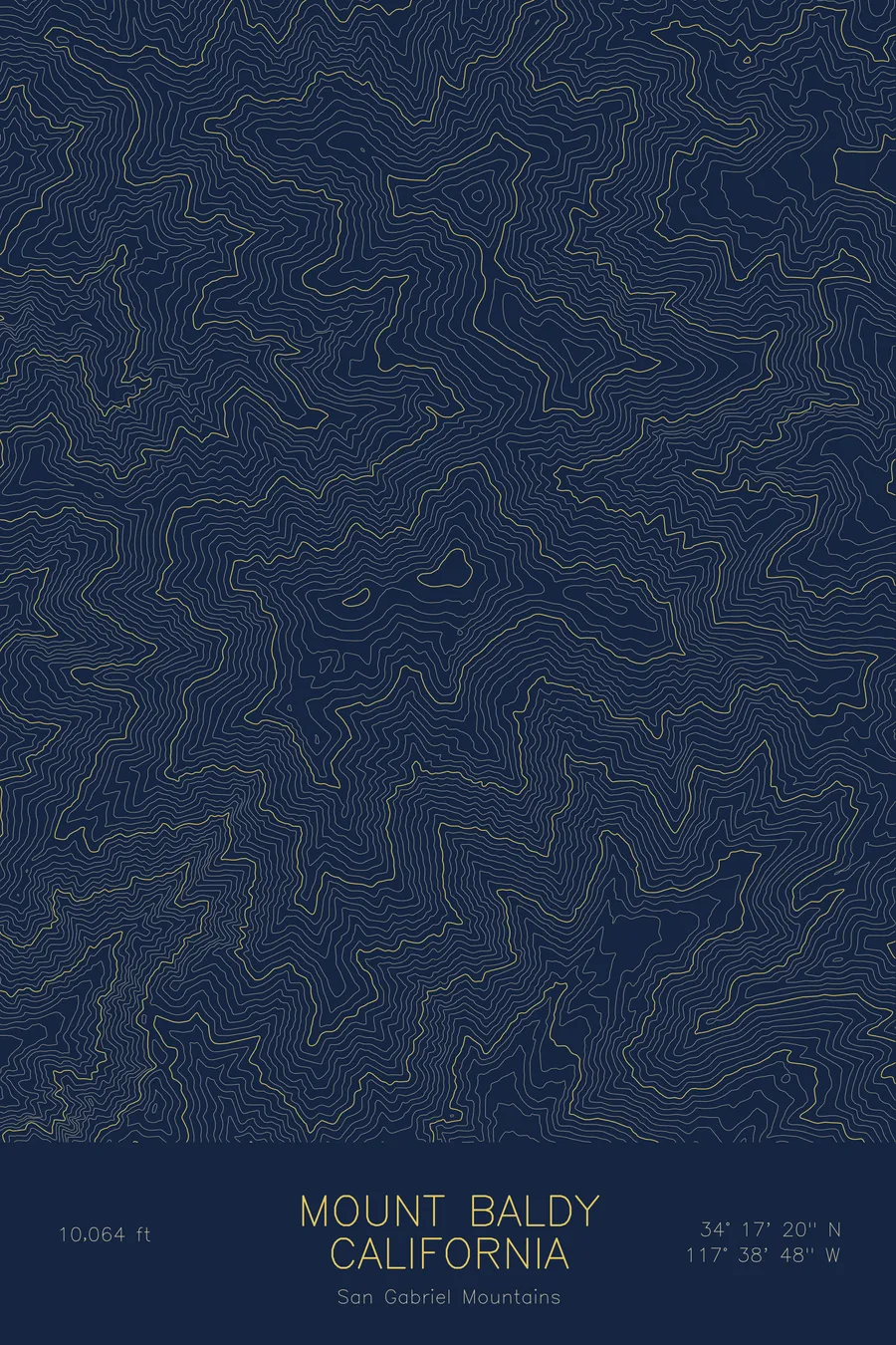 Pen-plotted topographic map of Mount Baldy, California in gold ink on navy paper