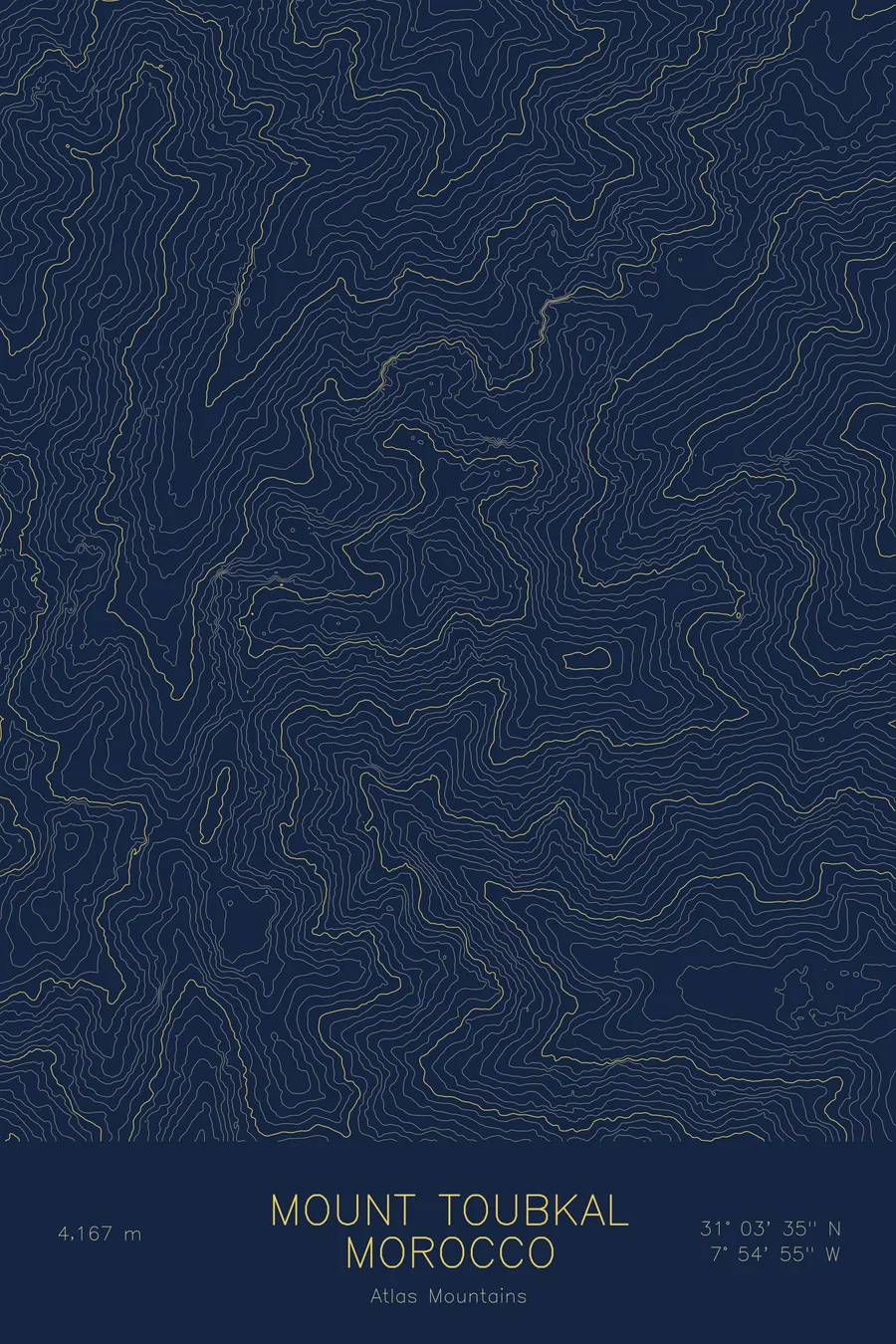 Pen-plotted topographic map of Mount Toubkal, Morocco in gold ink on navy paper