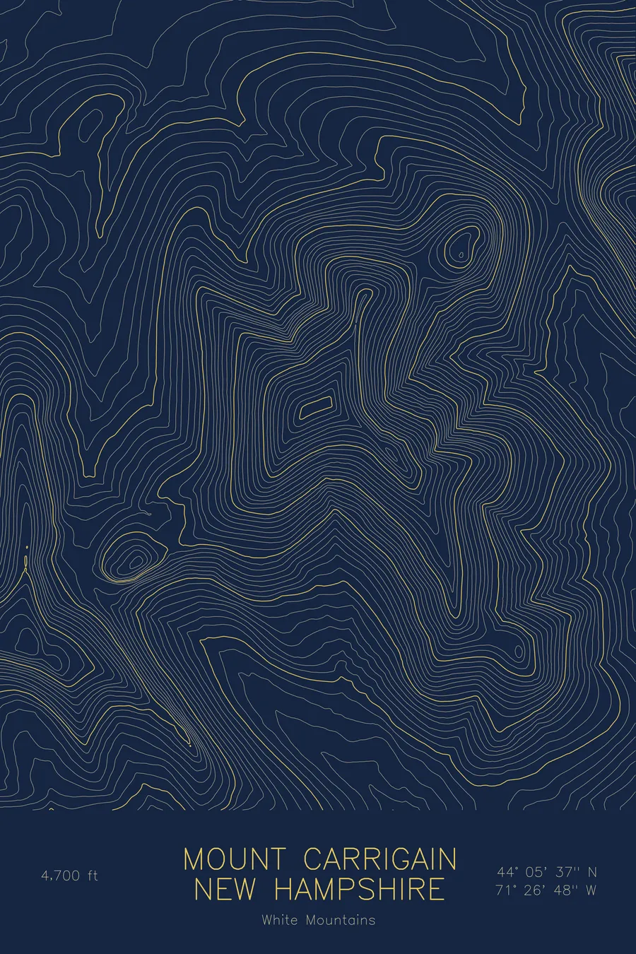 Pen-plotted topographic map of Mount Carrigain, New Hampshire in gold ink on navy paper