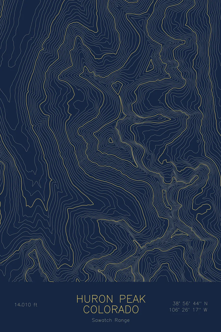 Pen-plotted topographic map of Huron Peak, Colorado in gold ink on navy paper