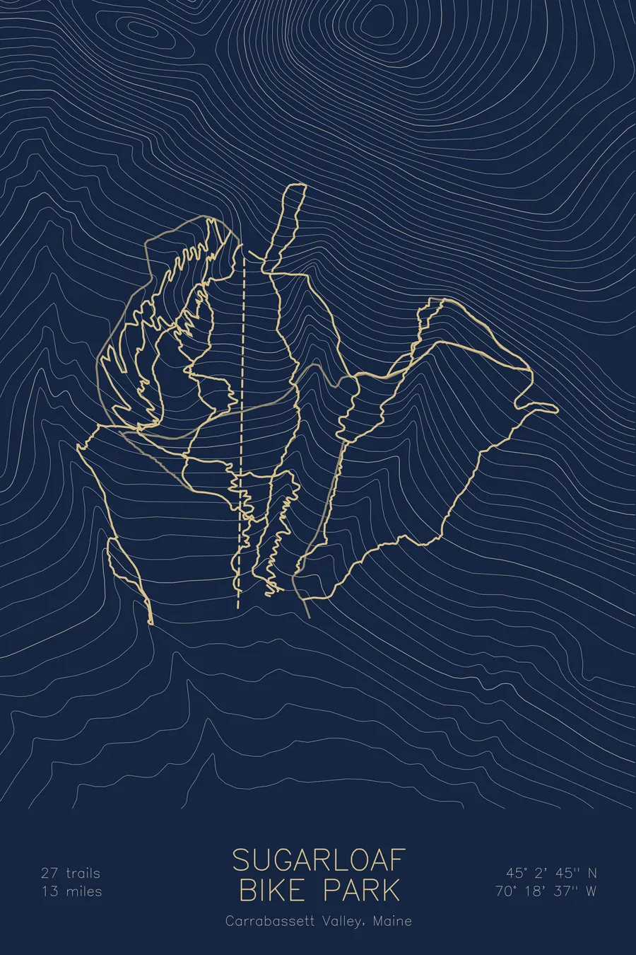 Pen-plotted mountain bike trail map of Sugarloaf Bike Park, Maine in gold ink on navy paper