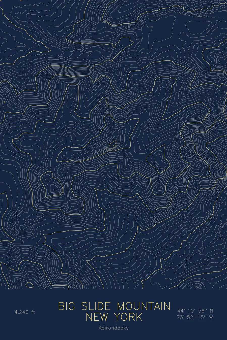 Pen-plotted topographic map of Big Slide Mountain, New York in gold ink on navy paper