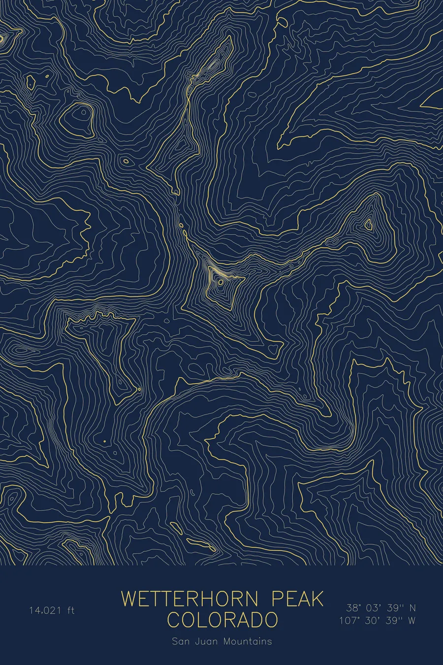 Pen-plotted topographic map of Wetterhorn Peak, Colorado in gold ink on navy paper