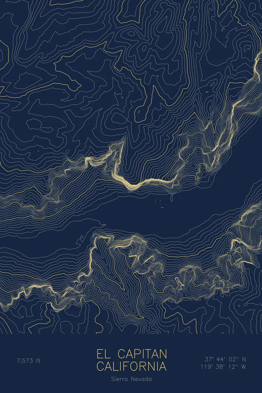 Pen-plotted topographic map of El Capitan, California in gold ink on navy paper