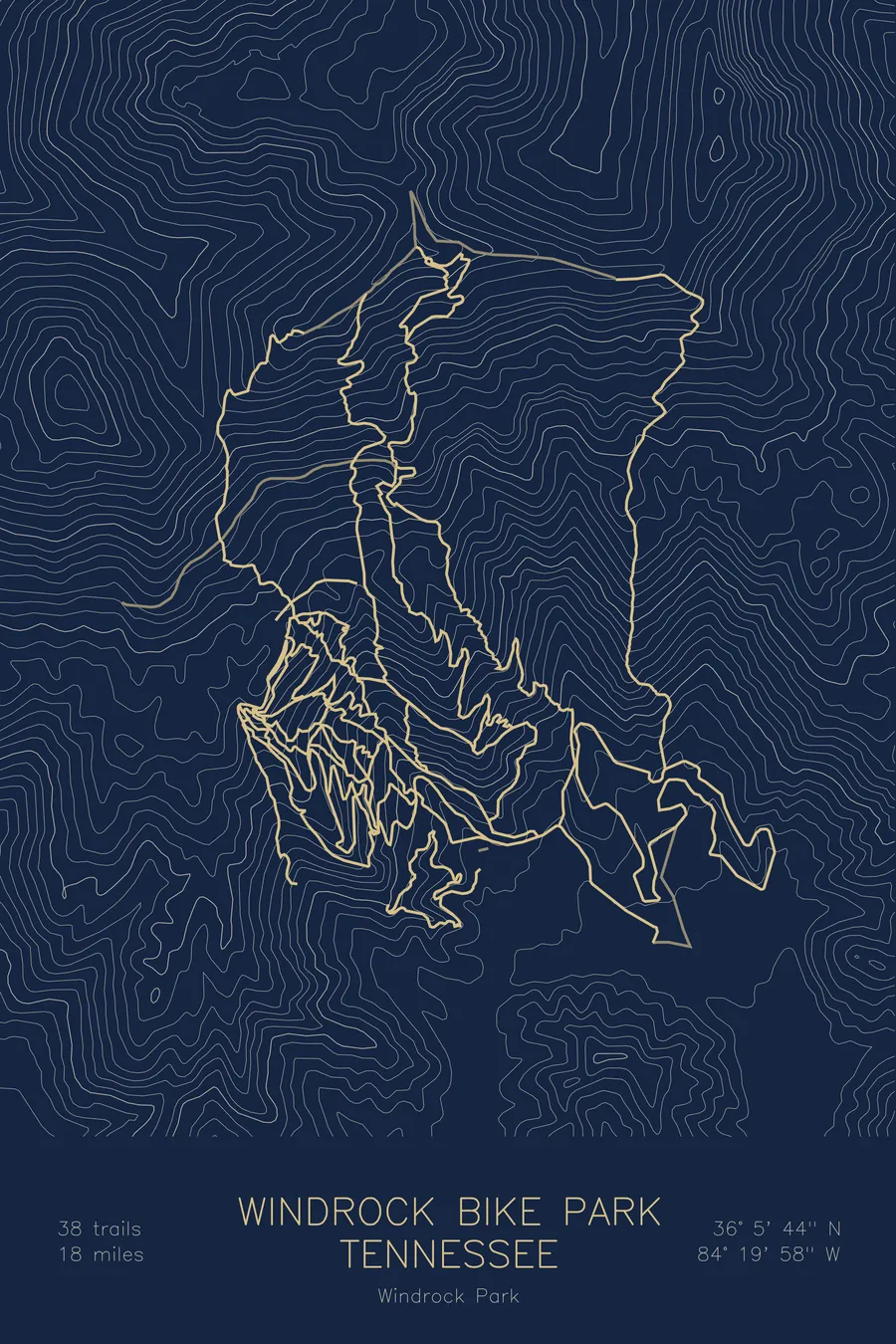 Pen-plotted mountain bike trail map of Windrock Bike Park, Tennessee in gold ink on navy paper