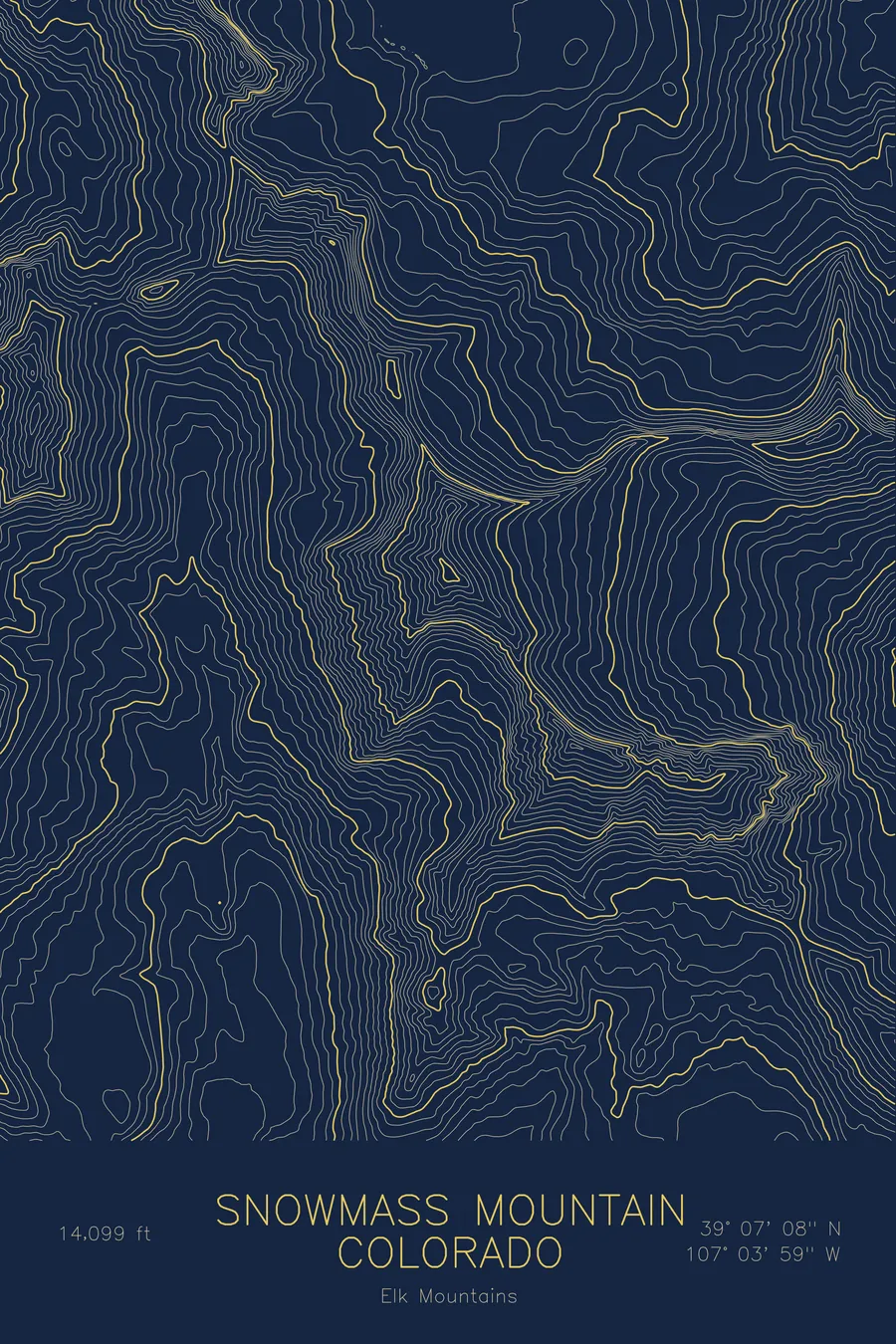 Pen-plotted topographic map of Snowmass Mountain, Colorado in gold ink on navy paper