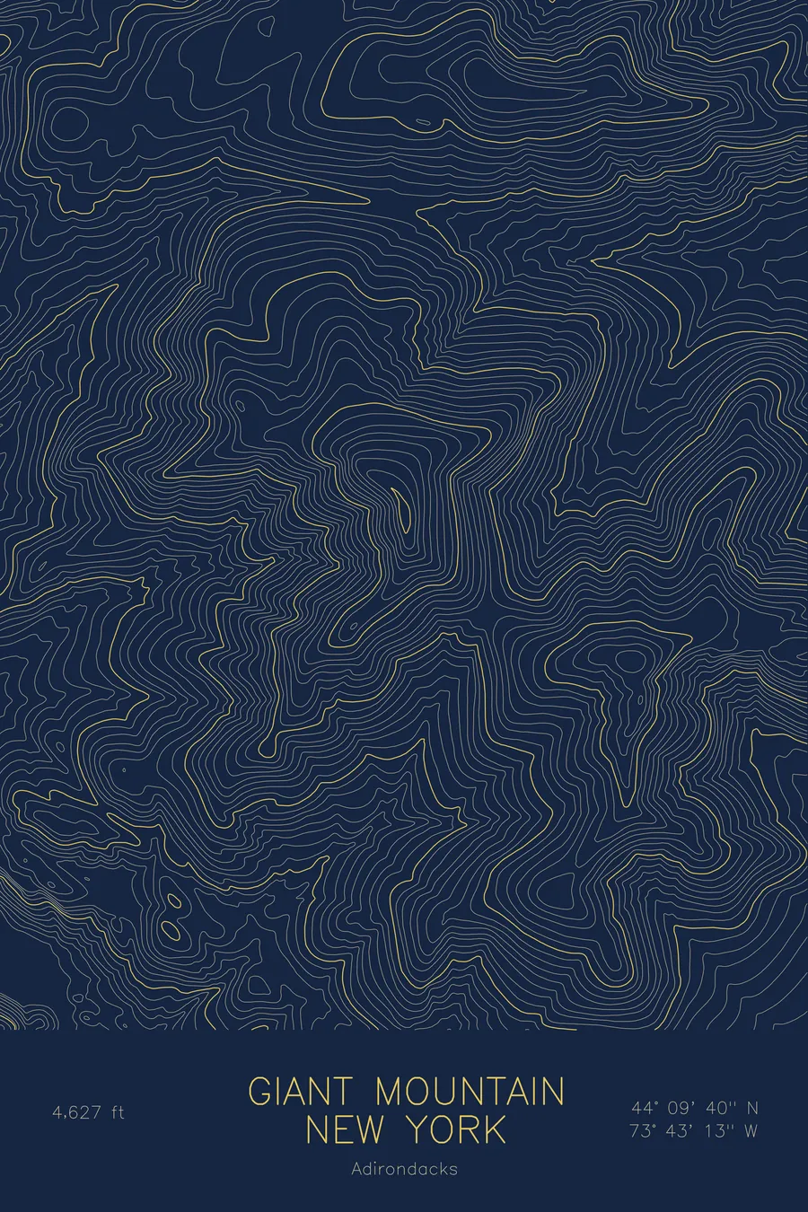 Pen-plotted topographic map of Giant Mountain, New York in gold ink on navy paper