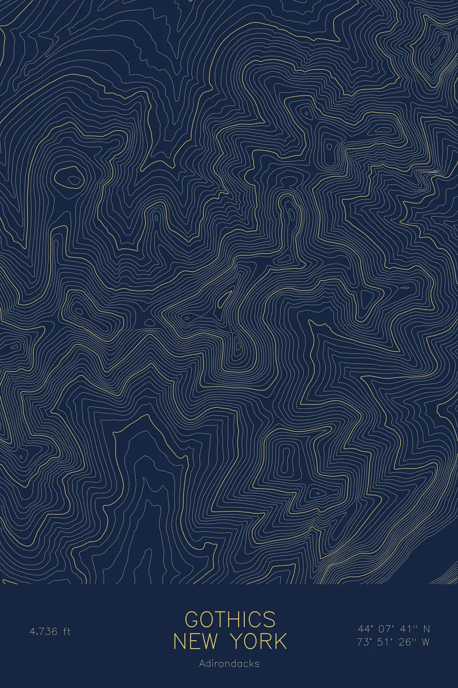 Pen-plotted topographic map of Gothics, New York in gold ink on navy paper
