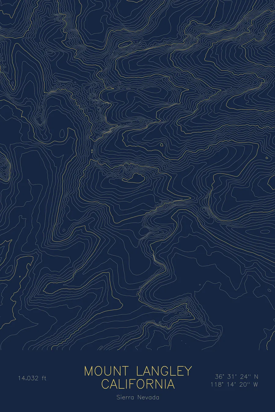 Pen-plotted topographic map of Mount Langley, California in gold ink on navy paper