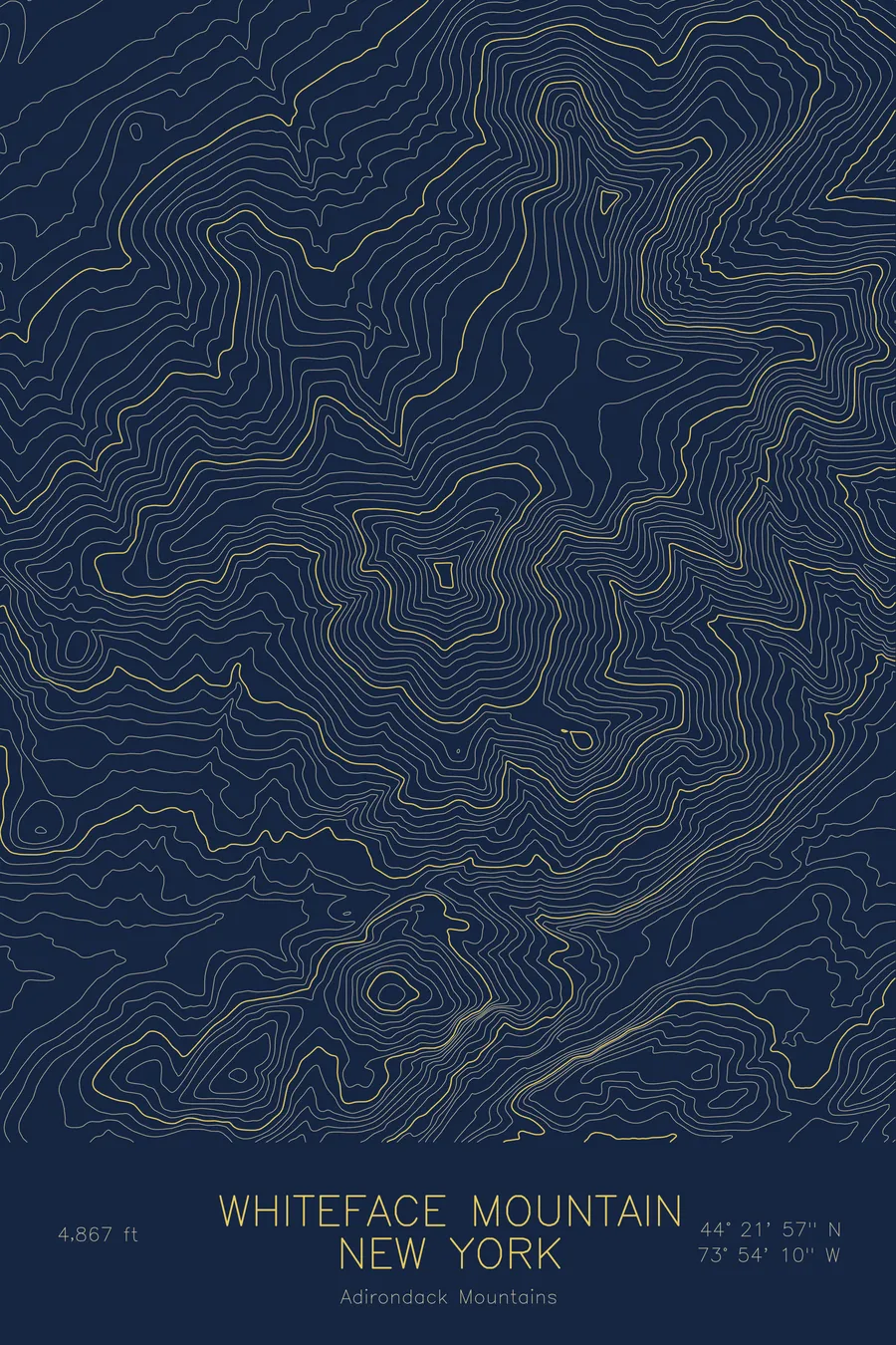 Pen-plotted topographic map of Whiteface Mountain, New York in gold ink on navy paper
