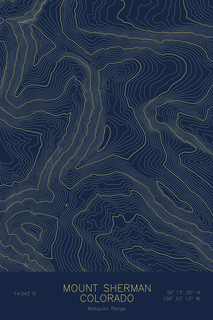 Pen-plotted topographic map of Mount Sherman, Colorado in gold ink on navy paper
