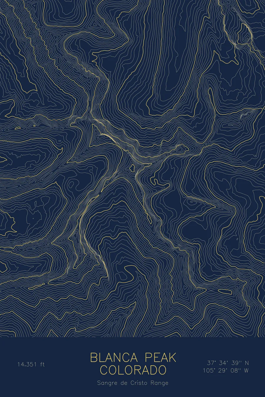Pen-plotted topographic map of Blanca Peak, Colorado in gold ink on navy paper