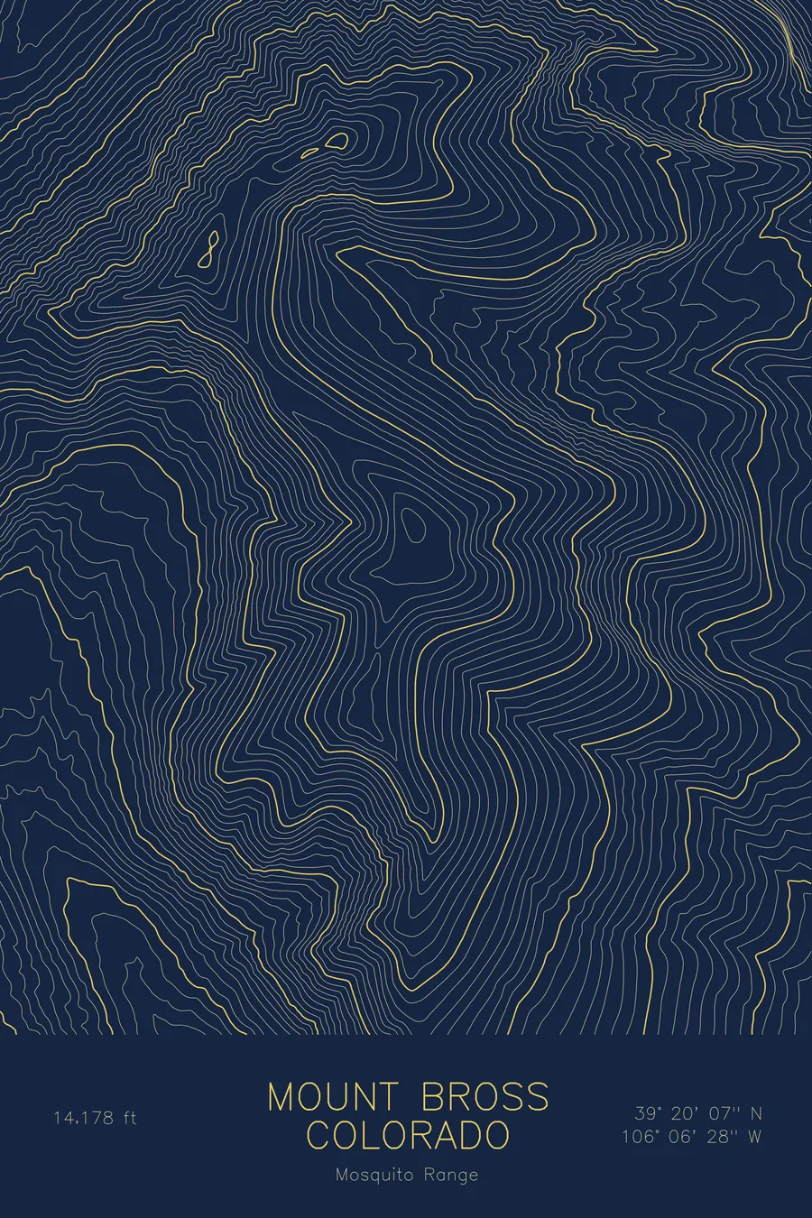 Pen-plotted topographic map of Mount Bross, Colorado in gold ink on navy paper
