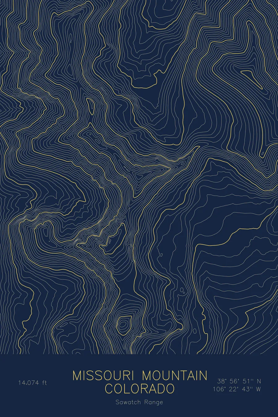Pen-plotted topographic map of Missouri Mountain, Colorado in gold ink on navy paper
