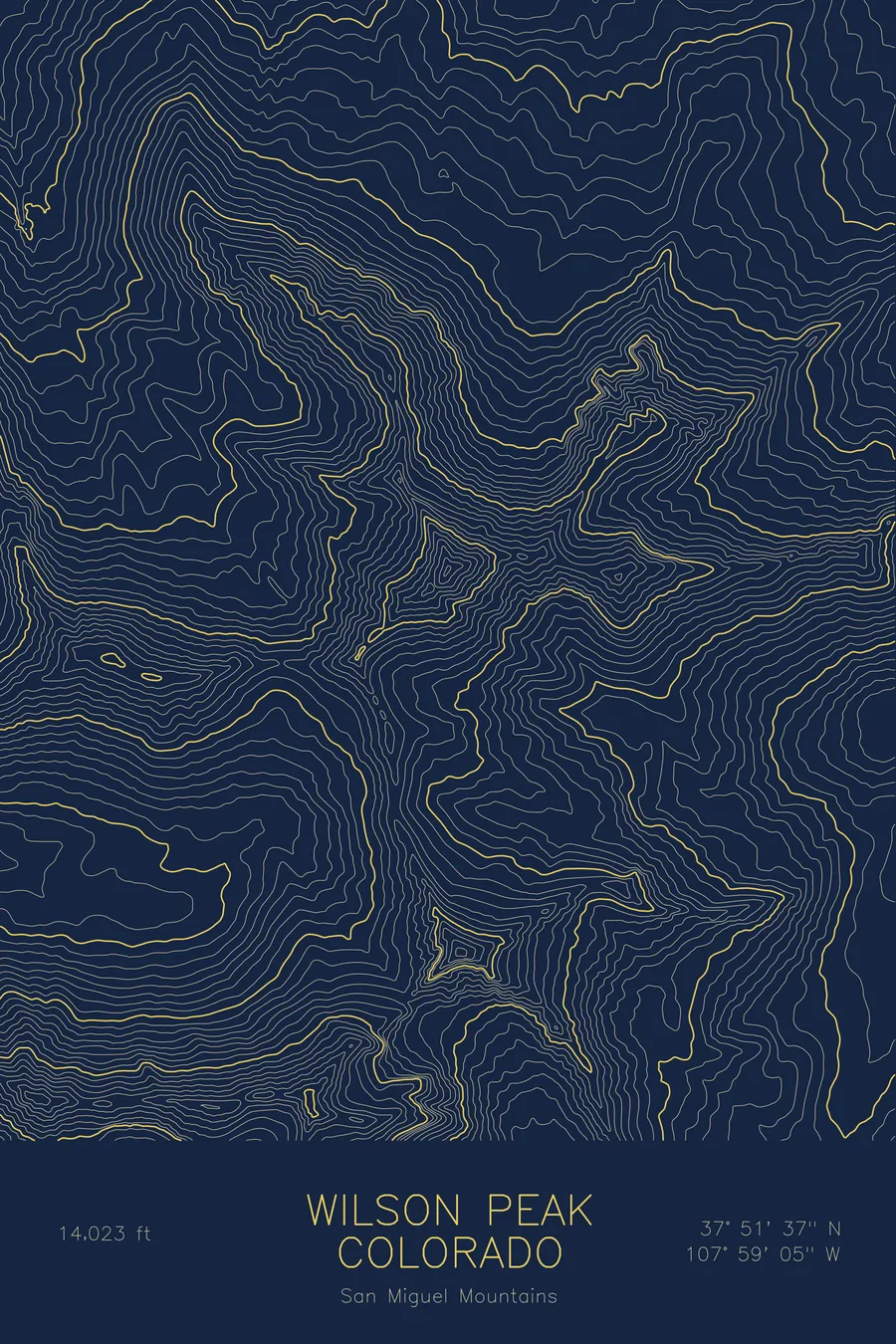 Pen-plotted topographic map of Wilson Peak, Colorado in gold ink on navy paper