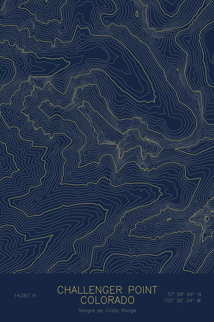 Pen-plotted topographic map of Challenger Point, Colorado in gold ink on navy paper