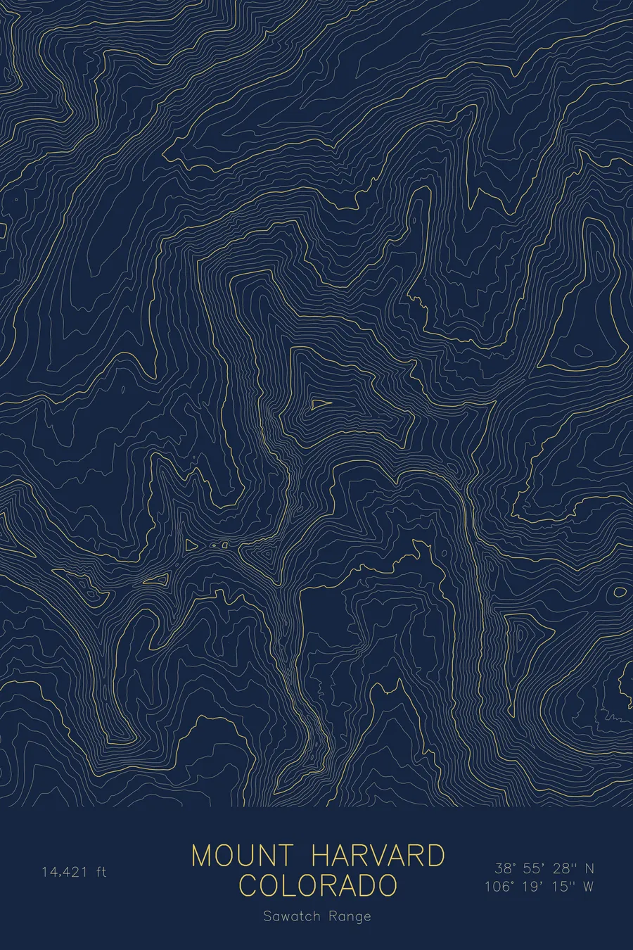Pen-plotted topographic map of Mount Harvard, Colorado in gold ink on navy paper