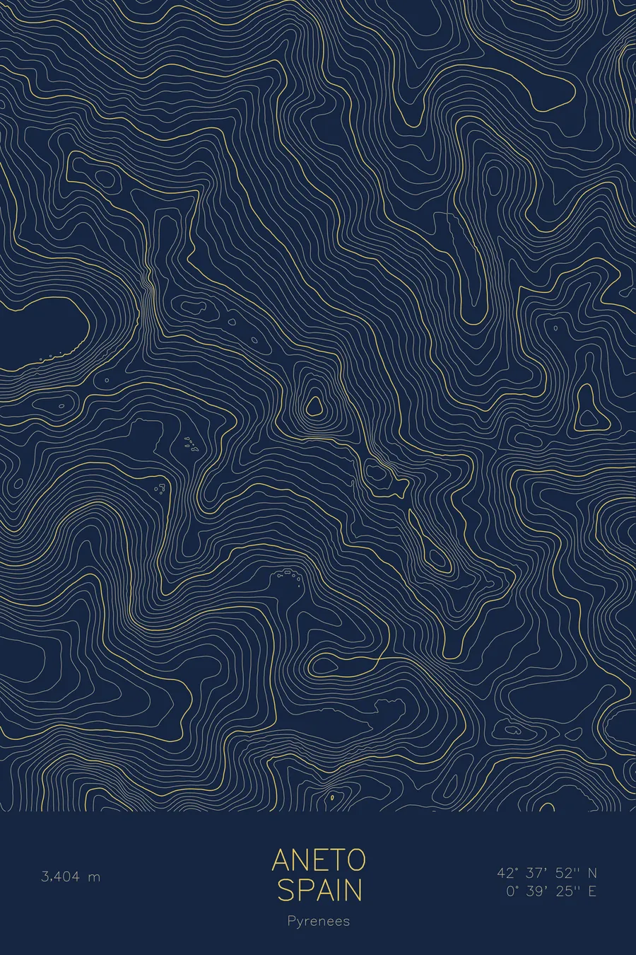 Pen-plotted topographic map of Aneto, Spain in gold ink on navy paper